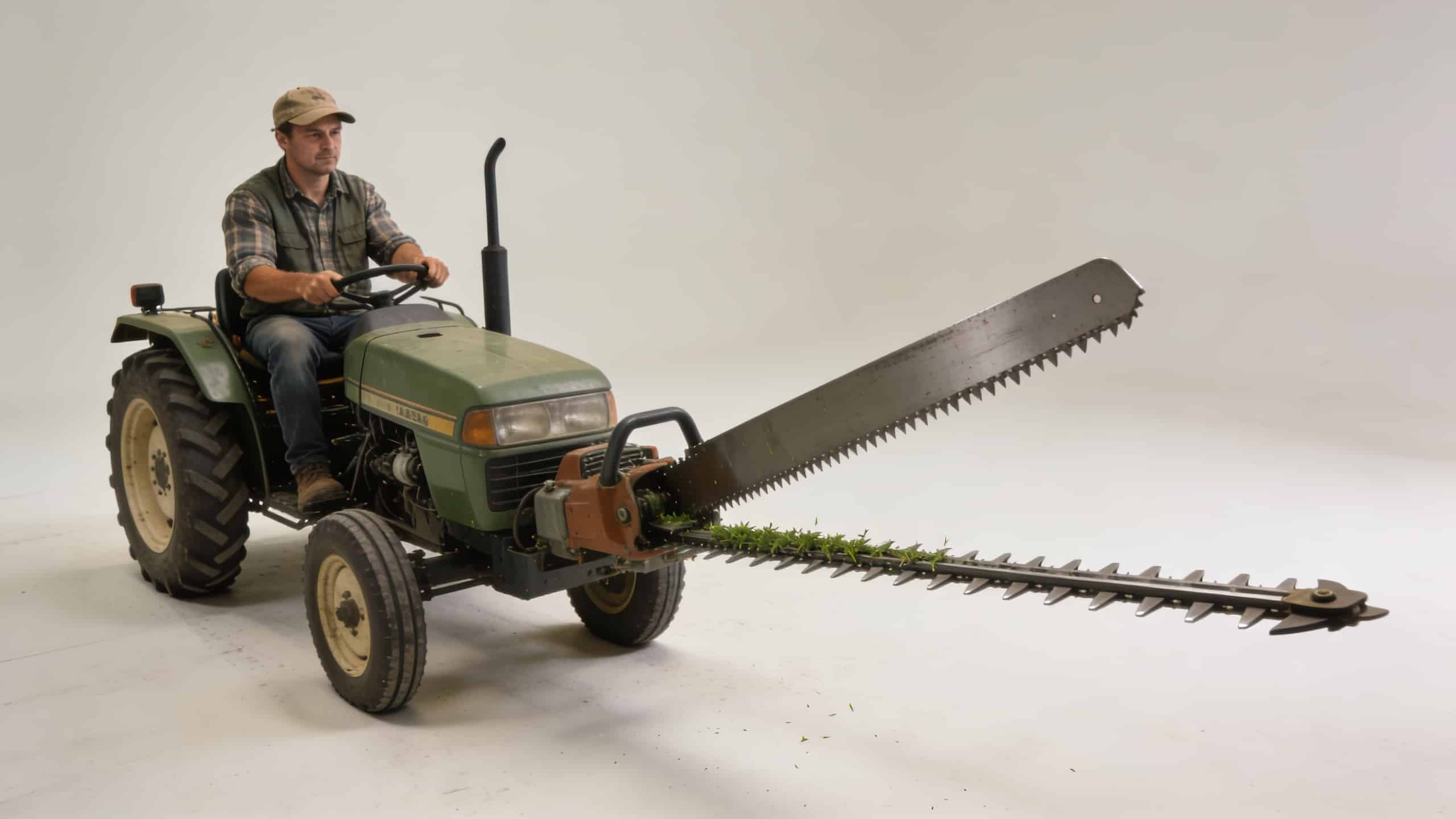 Agriculteur assis sur tracteur utilisant grande lame taille haie