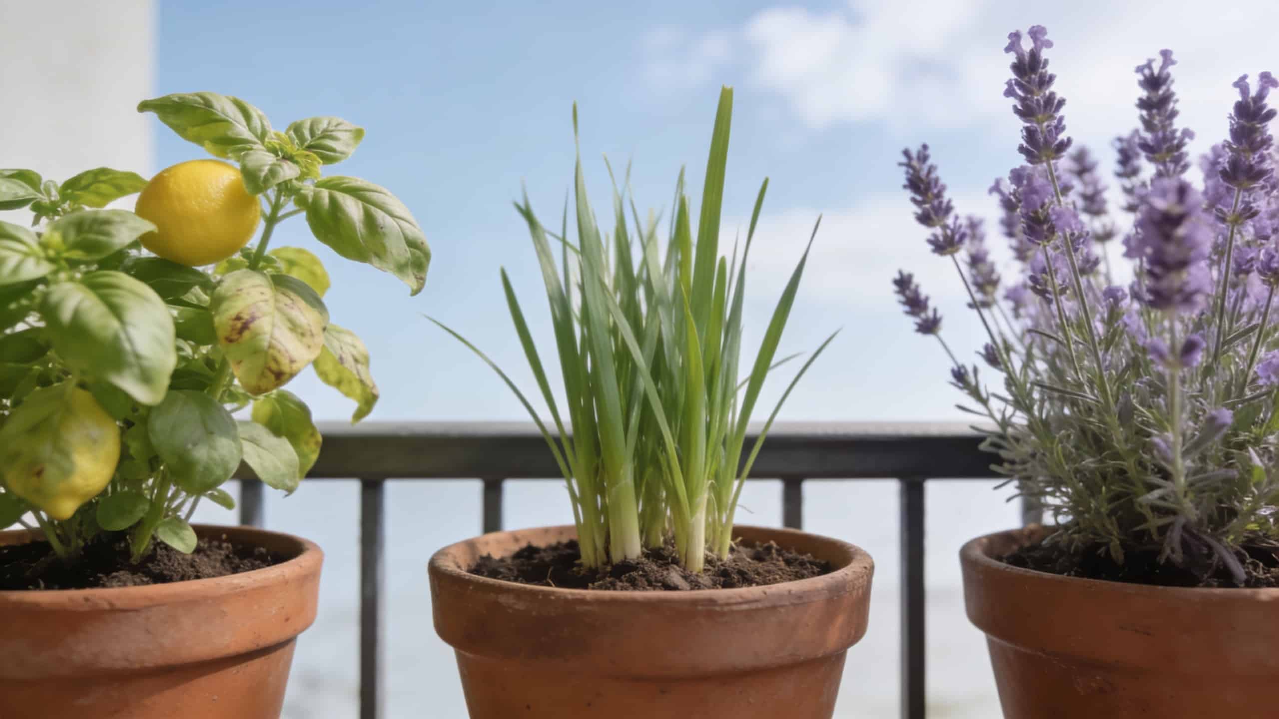 Balcon avec pots de basilic citronnelle et lavande
