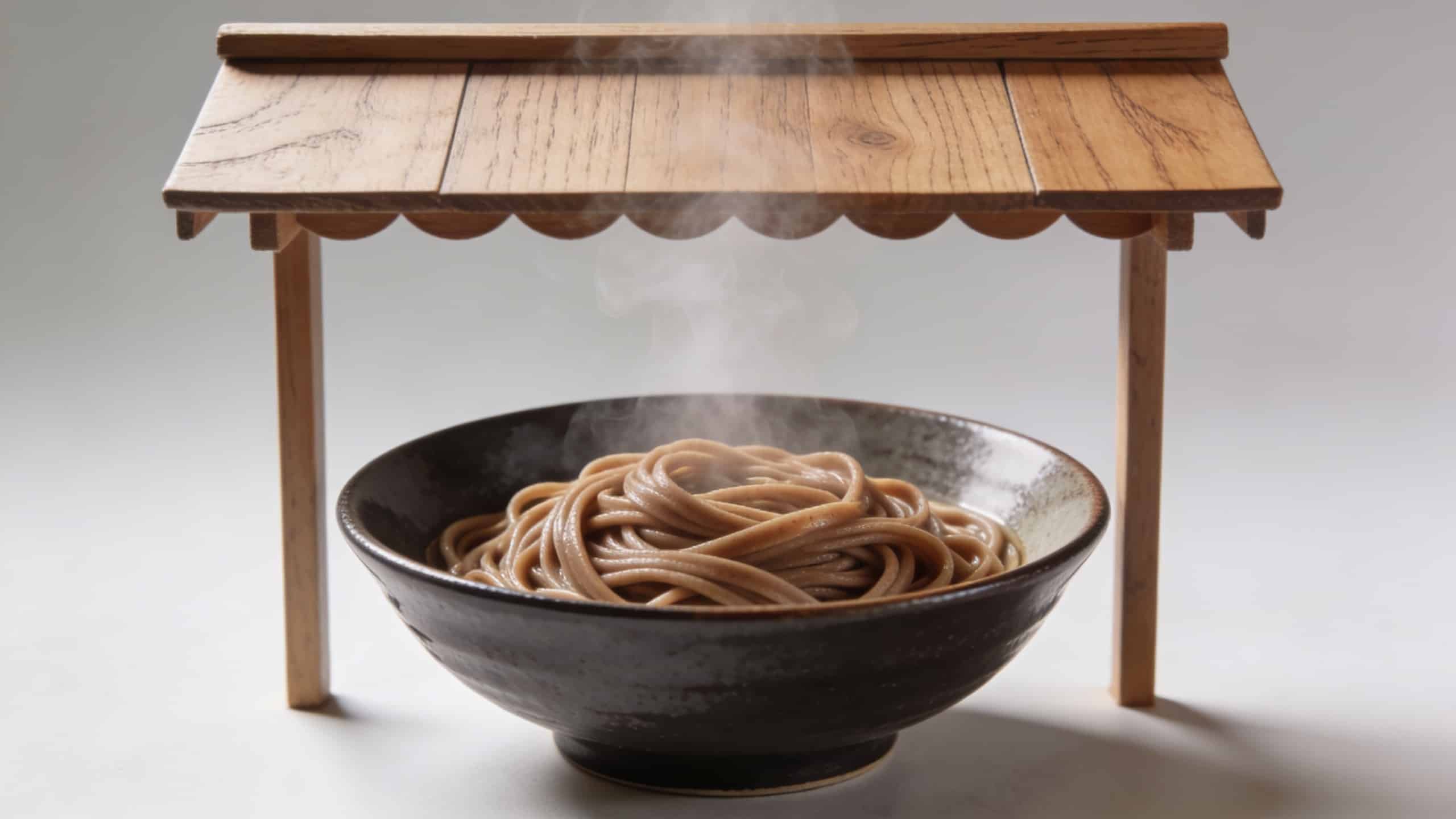 Bol de soba fumant sous petit auvent en bois