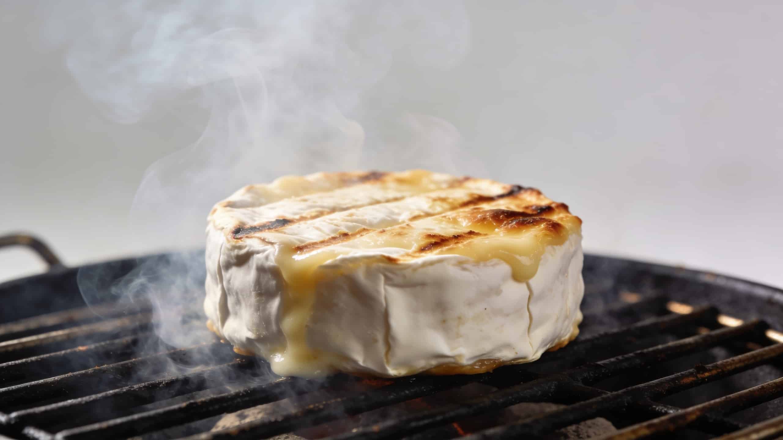 Camembert entier grille sur barbecue fumant gros plan