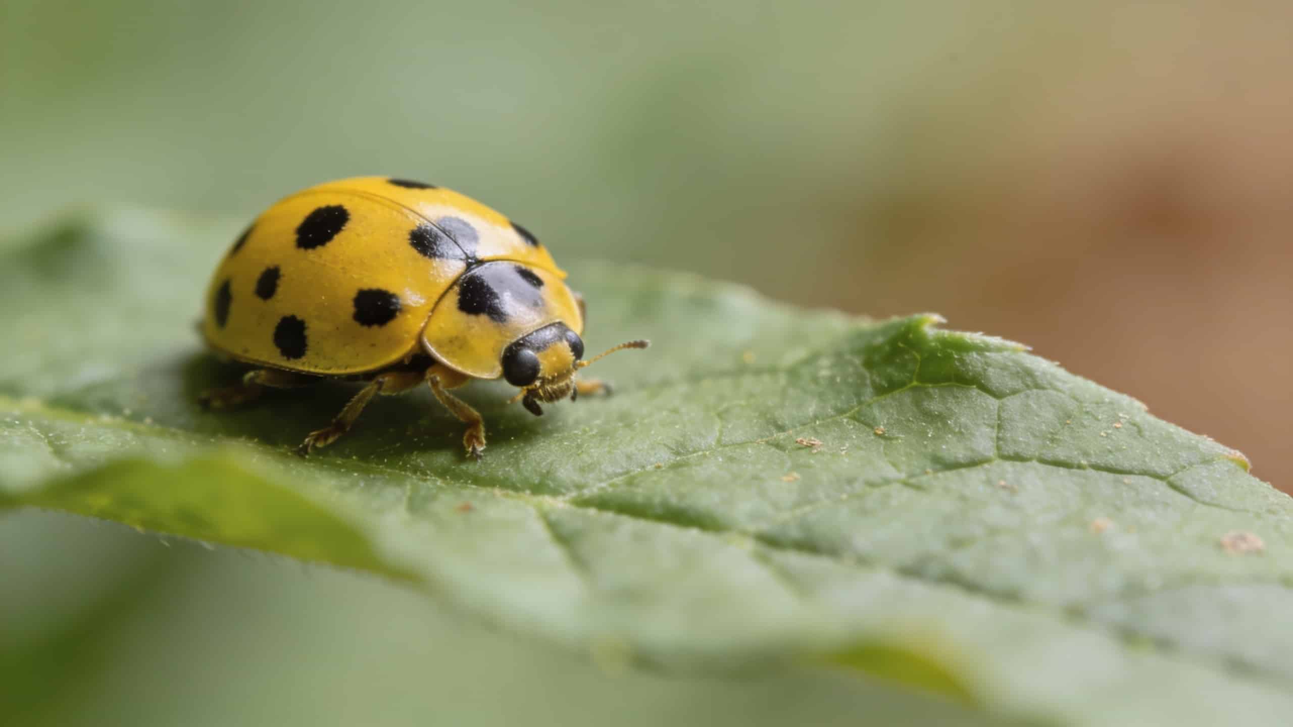 Gros plan sur une coccinelle jaune sur feuille verte