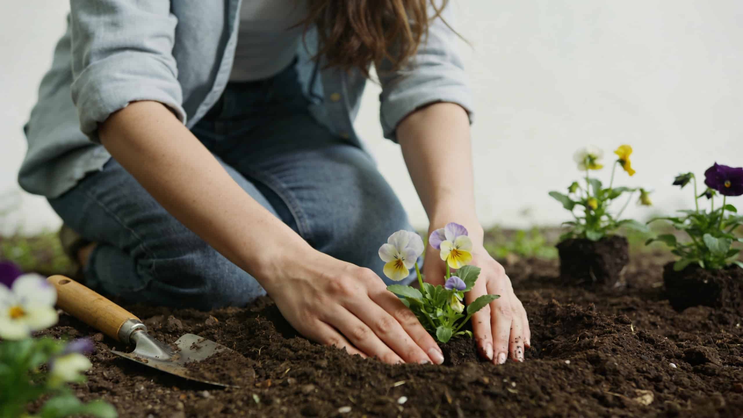 Femme agenouillee plantant des fleurs dans un jardin