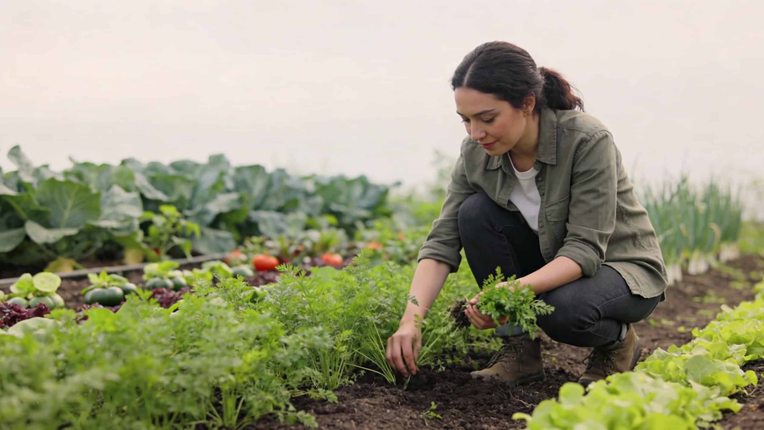 Femme agenouillee retirant des herbes a la main dans un potager