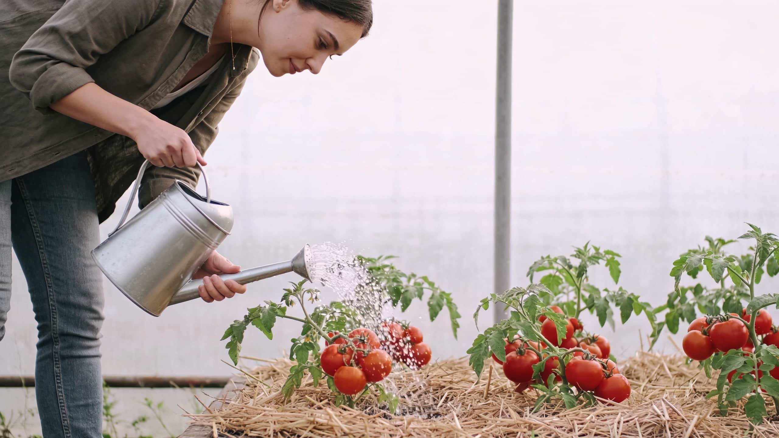 femme arrosant des tomates avec arrosoir sur paillis