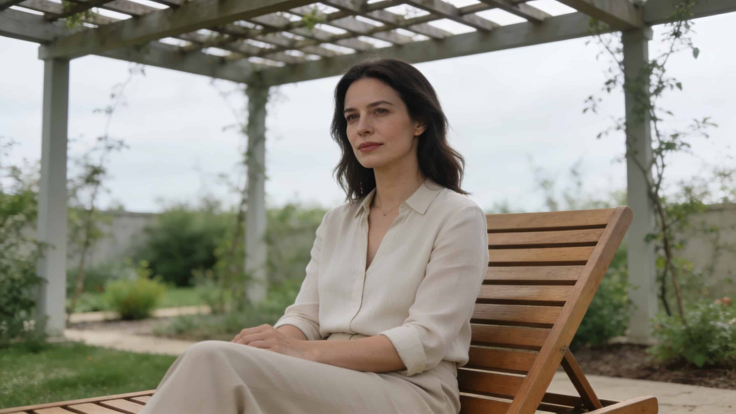 femme assise sur transat bois sous pergola jardin
