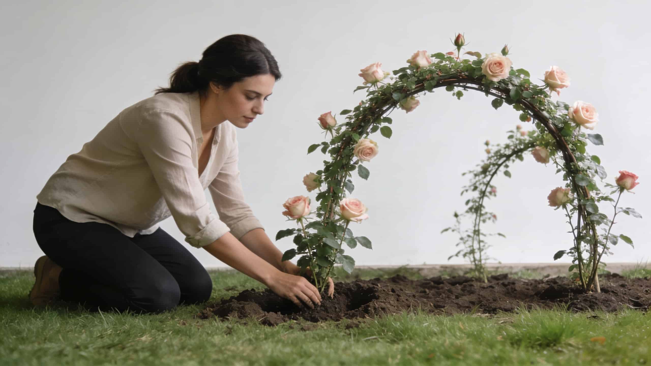 femme agenouillée plantant des rosiers courbés près pelouse