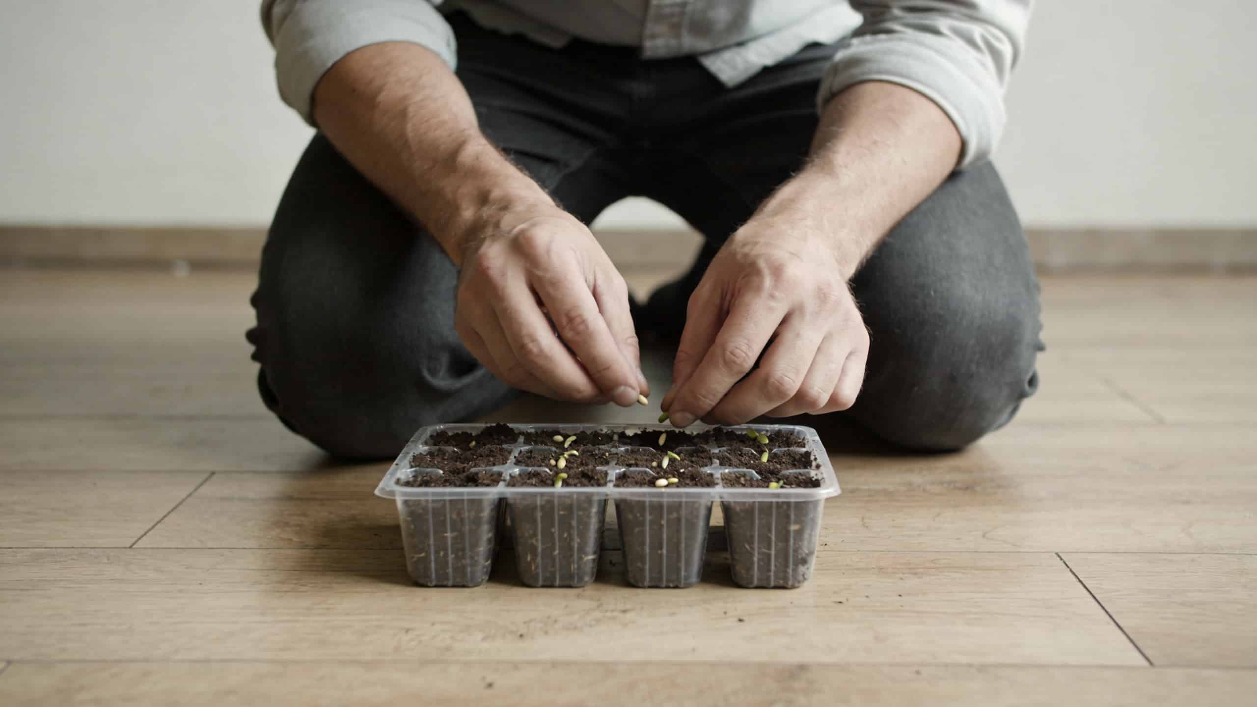 Homme agenouille plante des semis dans petite serre plastique