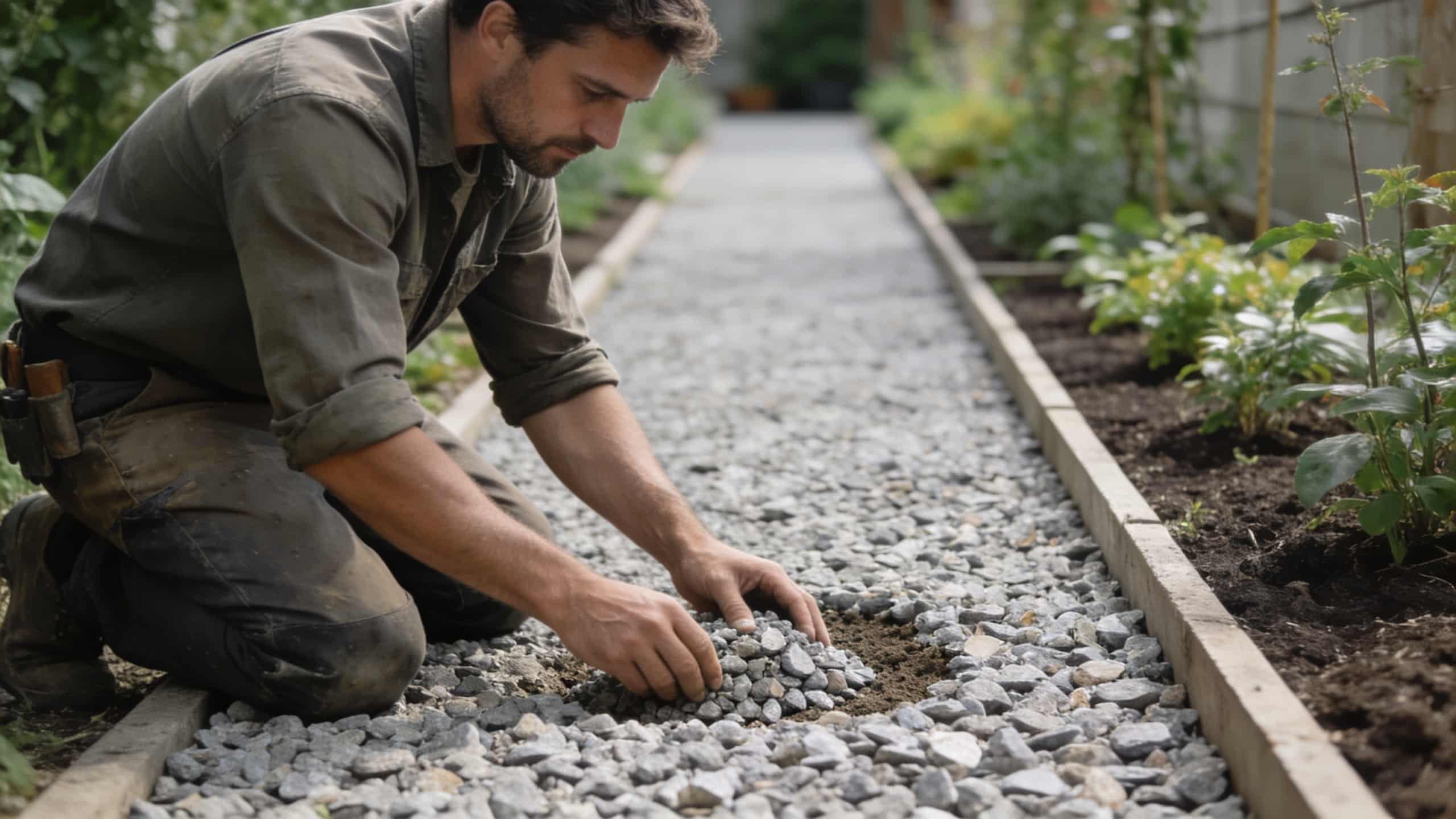 homme agenouille posant du gravier dans allee jardin