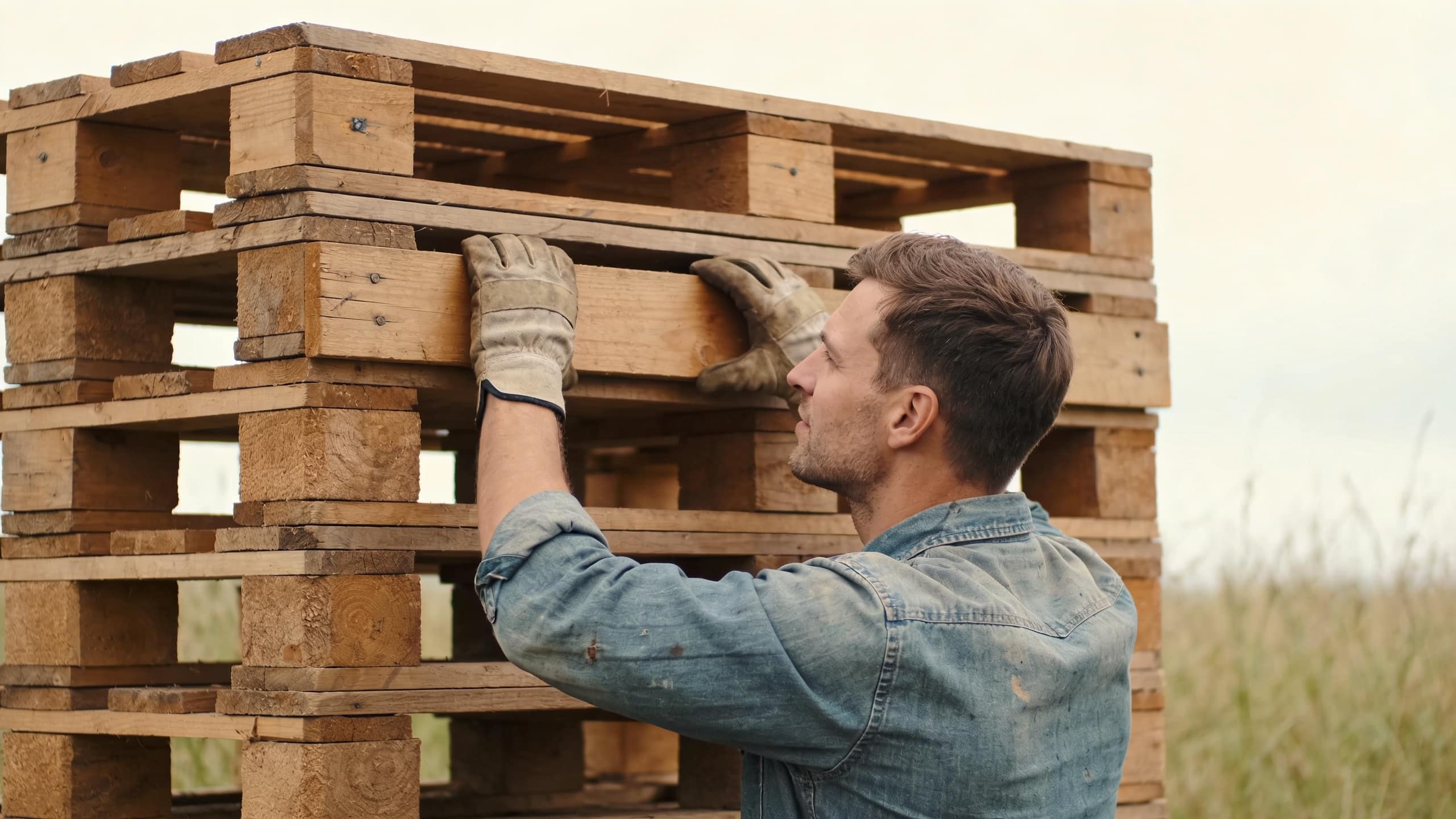 homme construisant petit abri bois avec palettes empilees