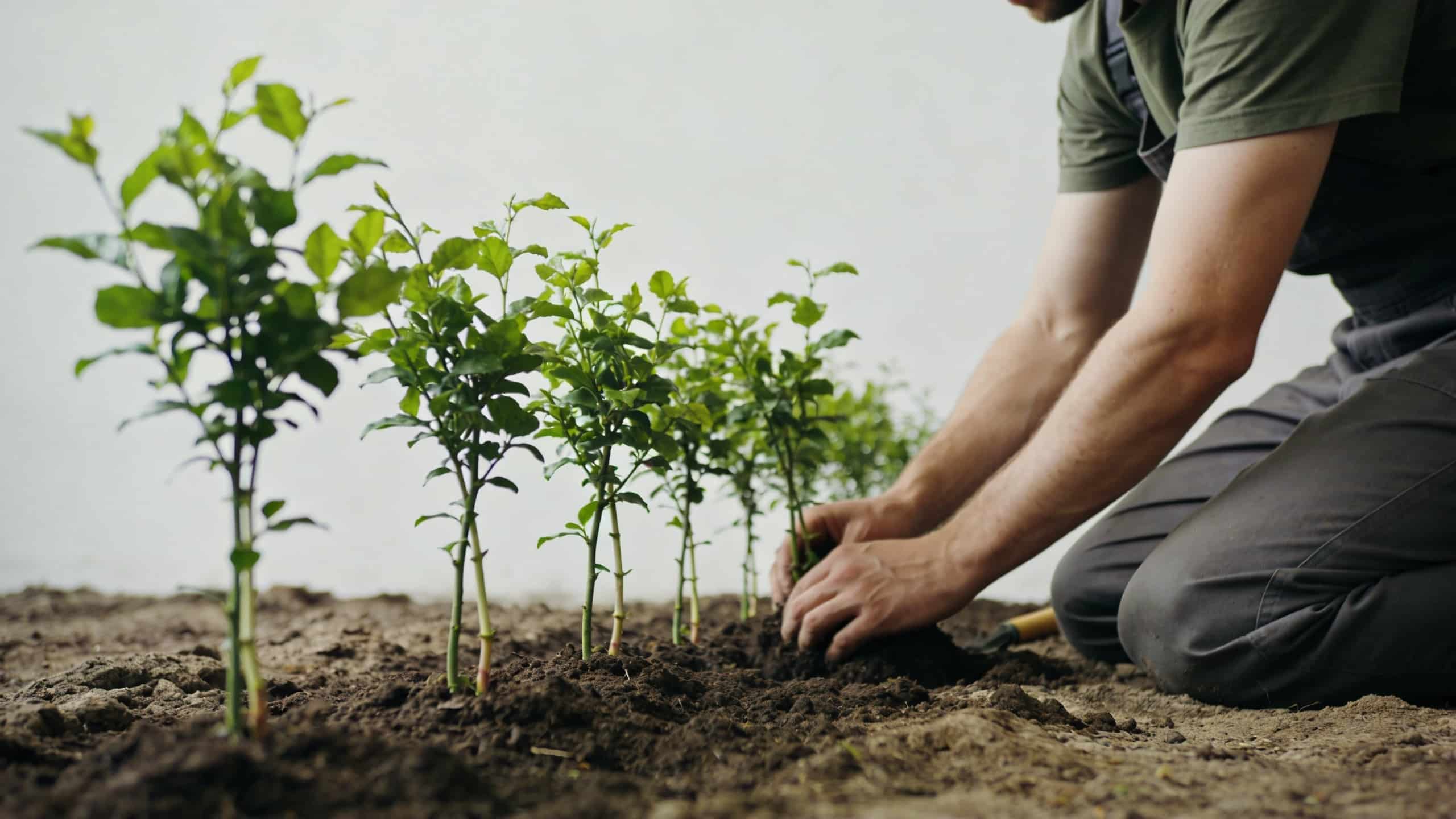 jardinier agenouille plantant jeunes arbustes alignes verdoyants