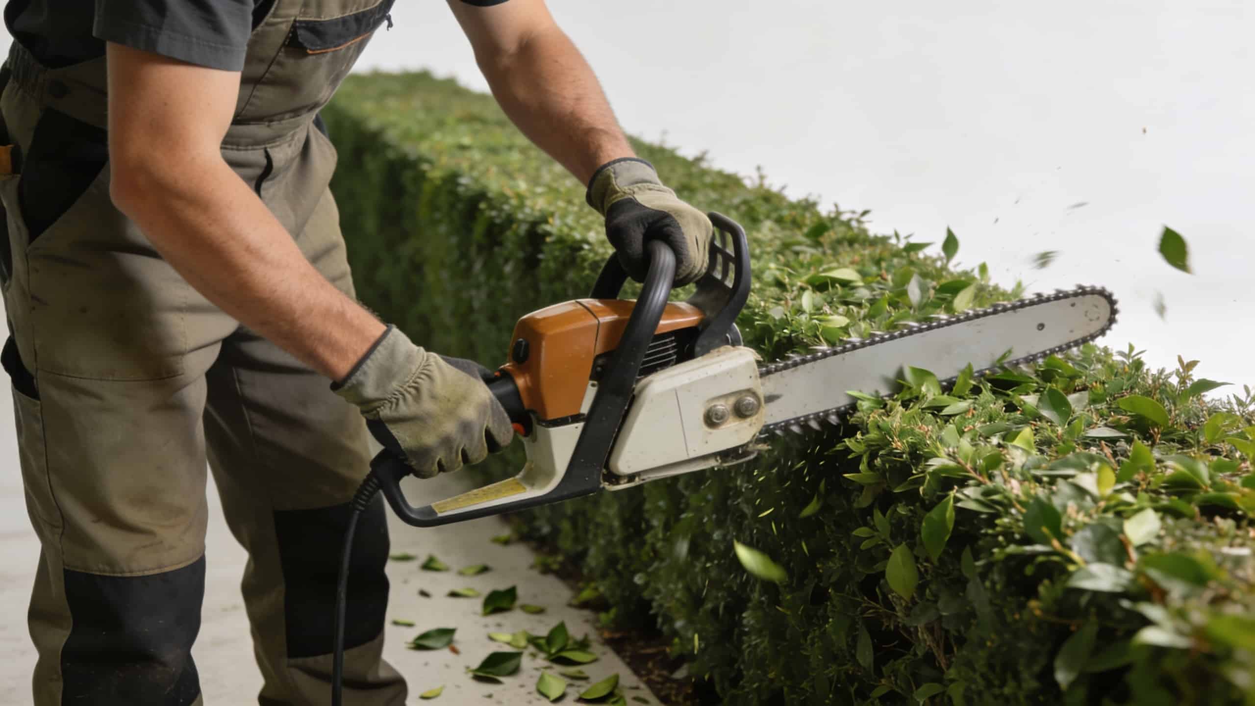 jardinier coupe une longue haie verte au taille haie