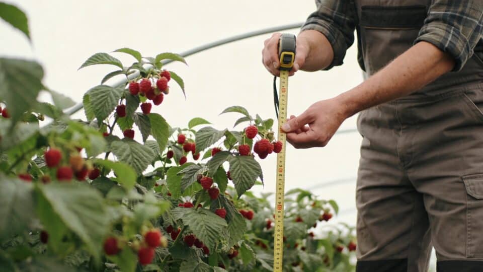 Jardinier mesurant des framboisiers avec un metre