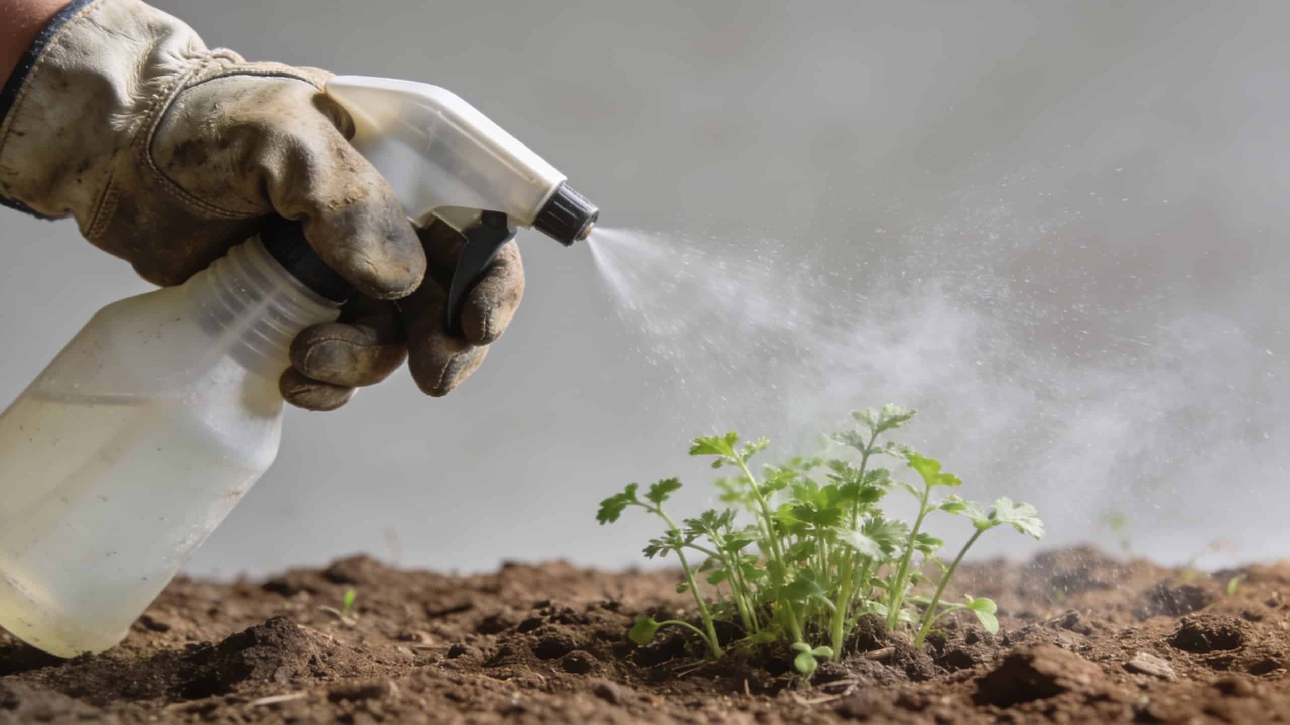 main de jardinier pulvérisant herbicide sur mauvaises herbes