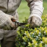 jardinier taille une haie de lauriers brillante