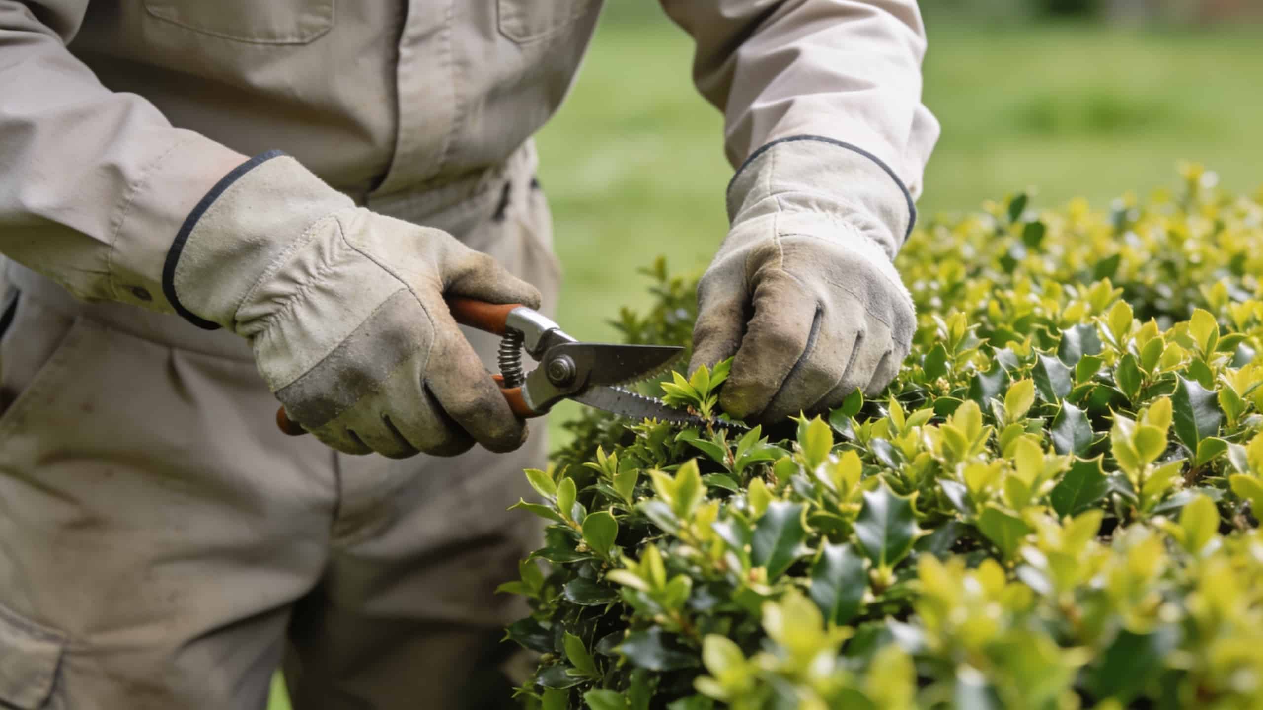 jardinier taille une haie de lauriers brillante