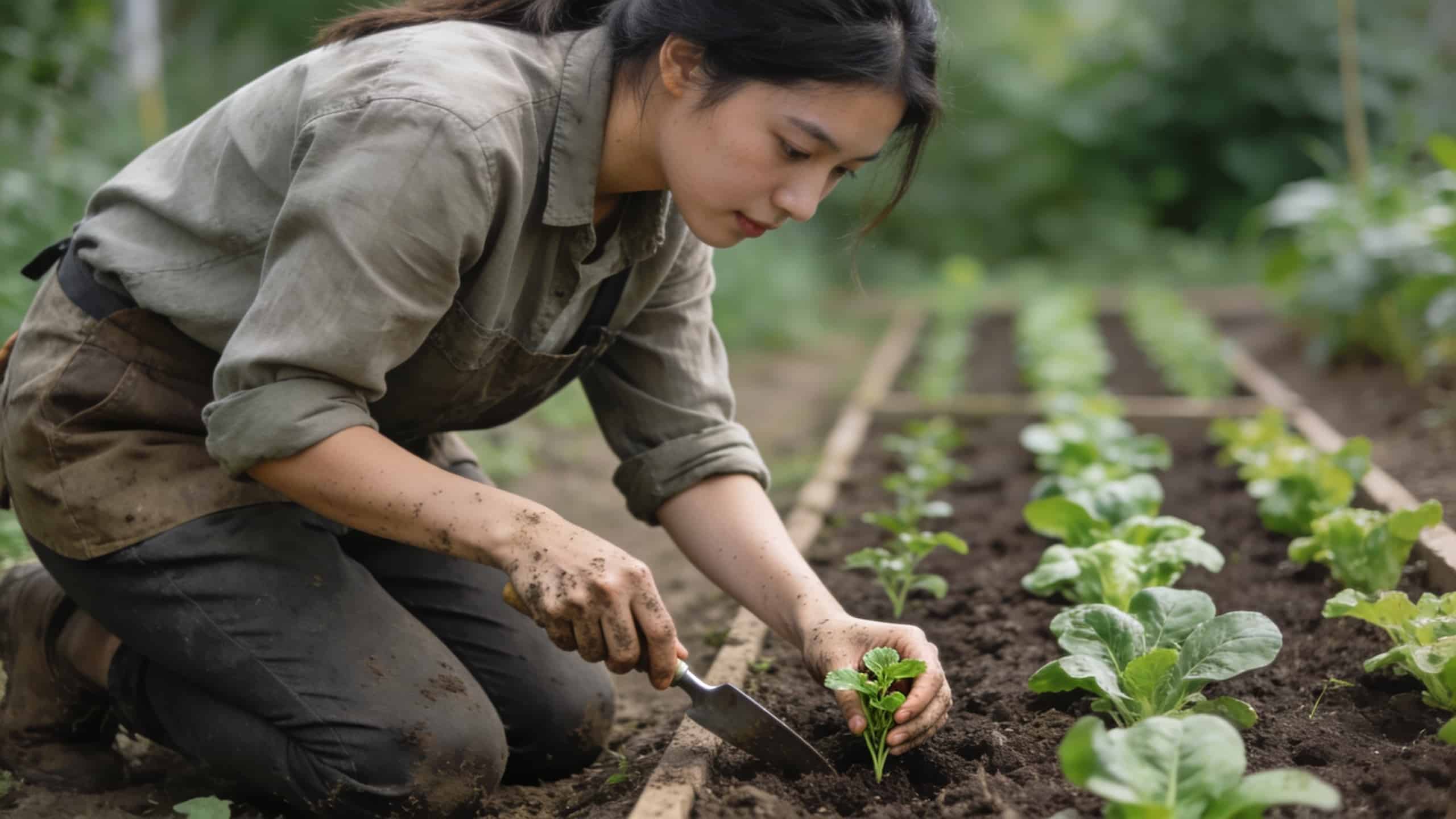 Jeune femme agenouillee plantant des legumes rangs serrés