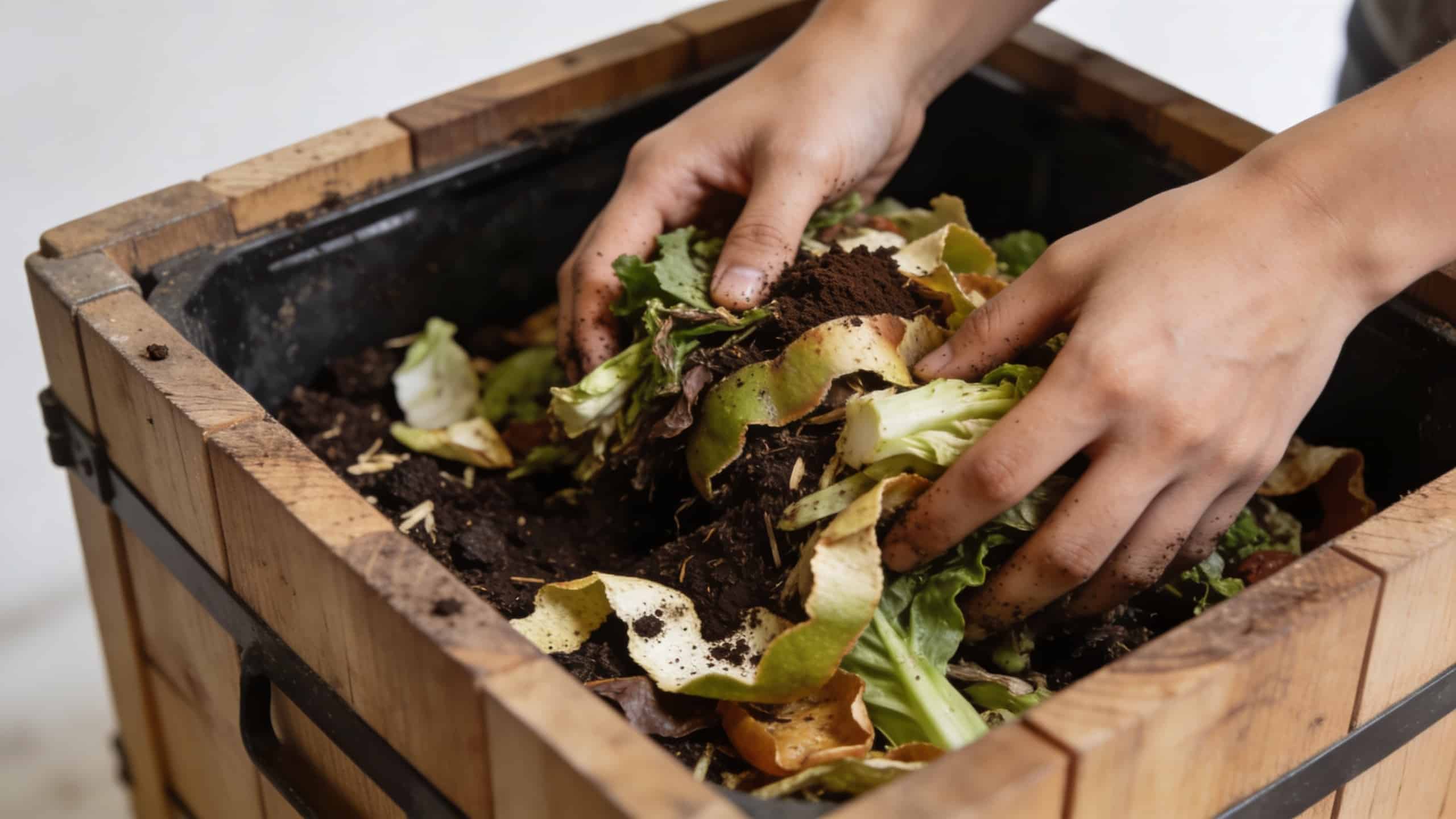 Mains retournant des dechets organiques dans un bac de compost