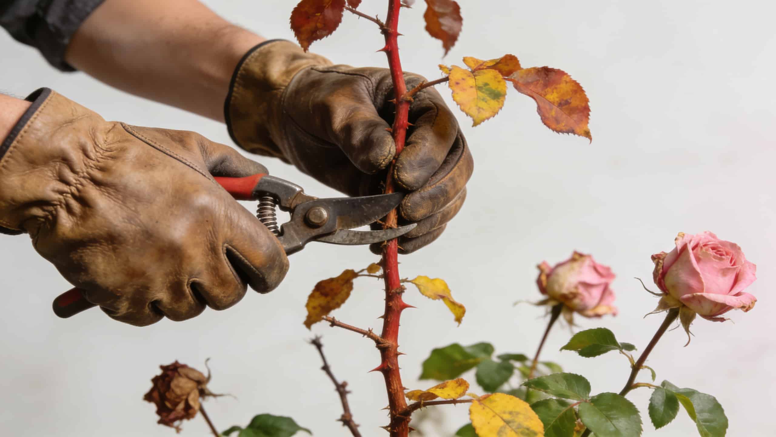 Mains gantées taillant un rosier d automne
