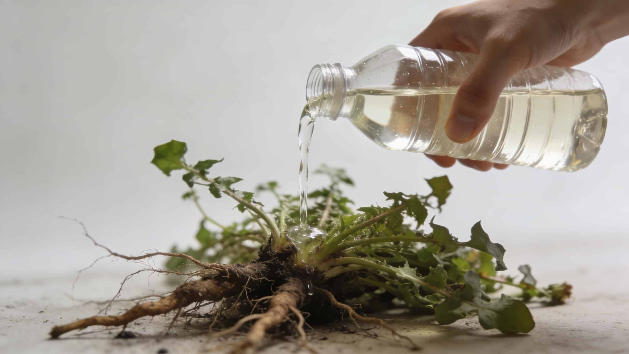 Mains versant vinaigre blanc sur mauvaises herbes racines exposées