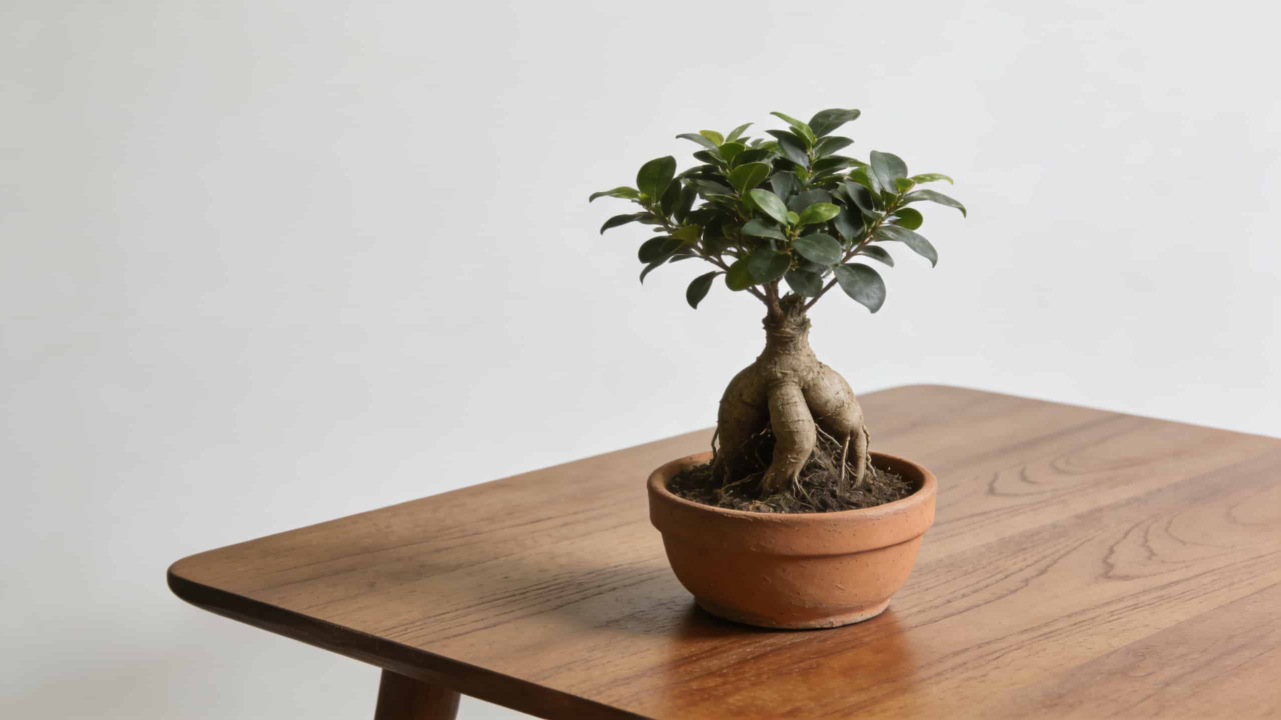 Petit ficus ginseng en pot sur table
