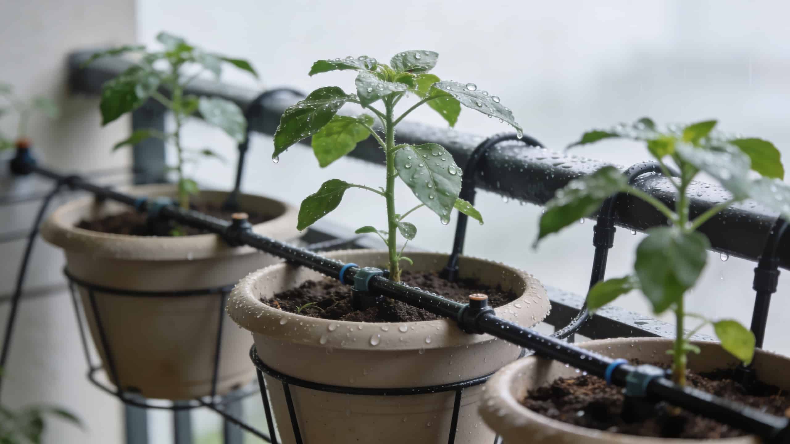 Plantes en pots sur balcon avec arrosage goutte a goutte