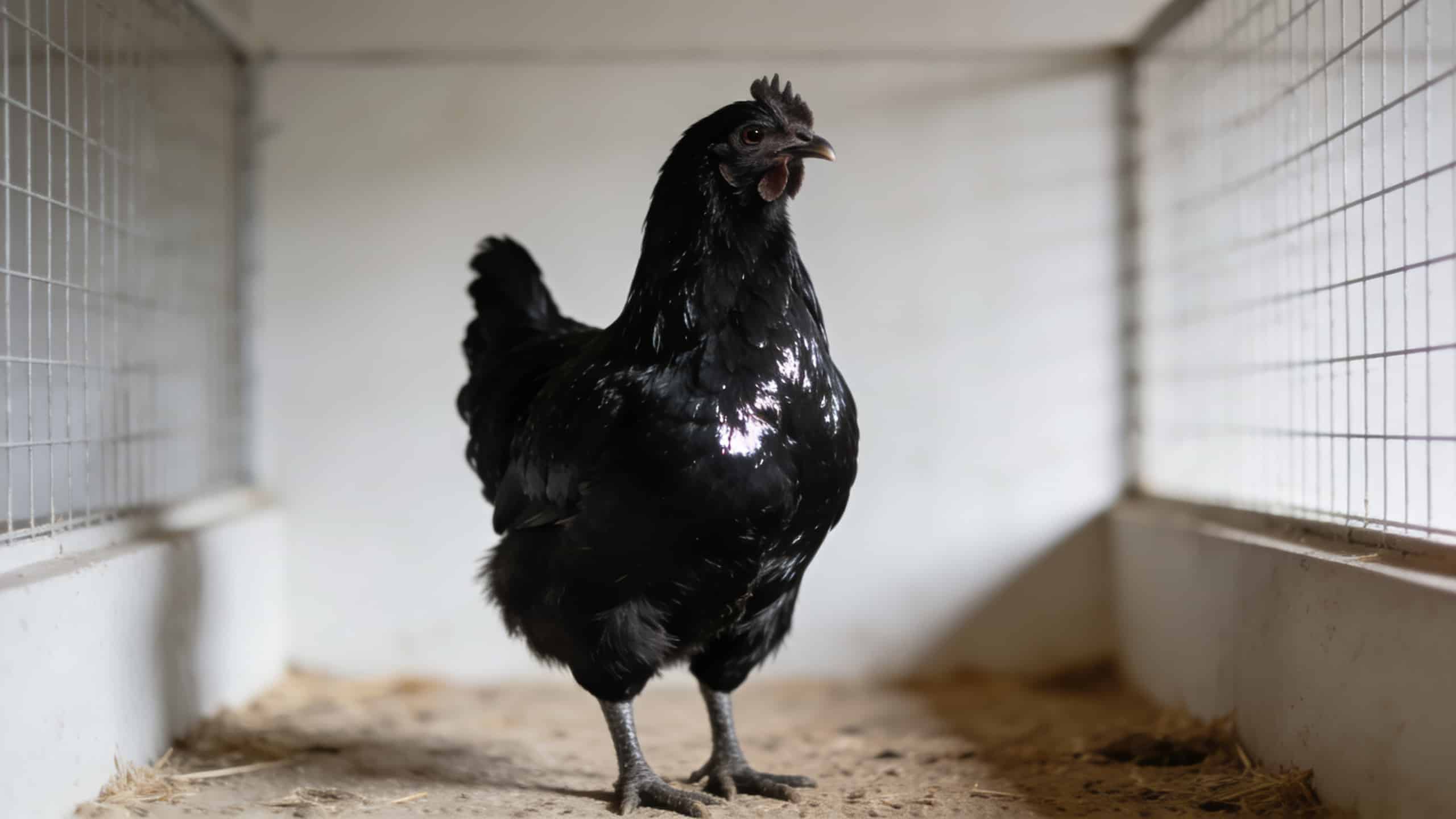 poule noire brillante debout dans un enclos