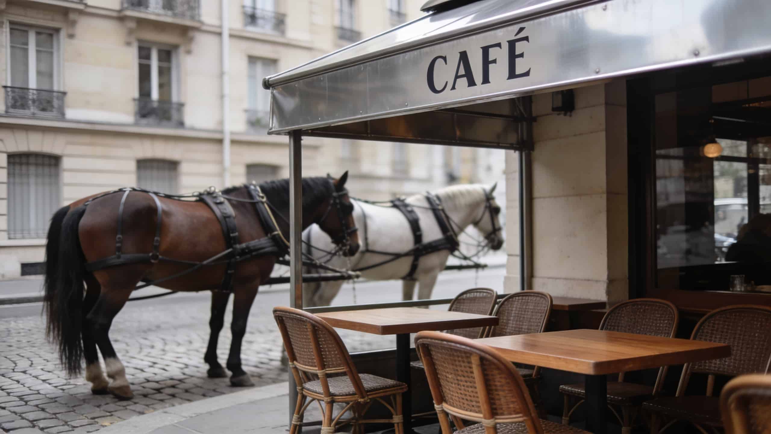 terrasse de cafe parisien avec chevaux atteles