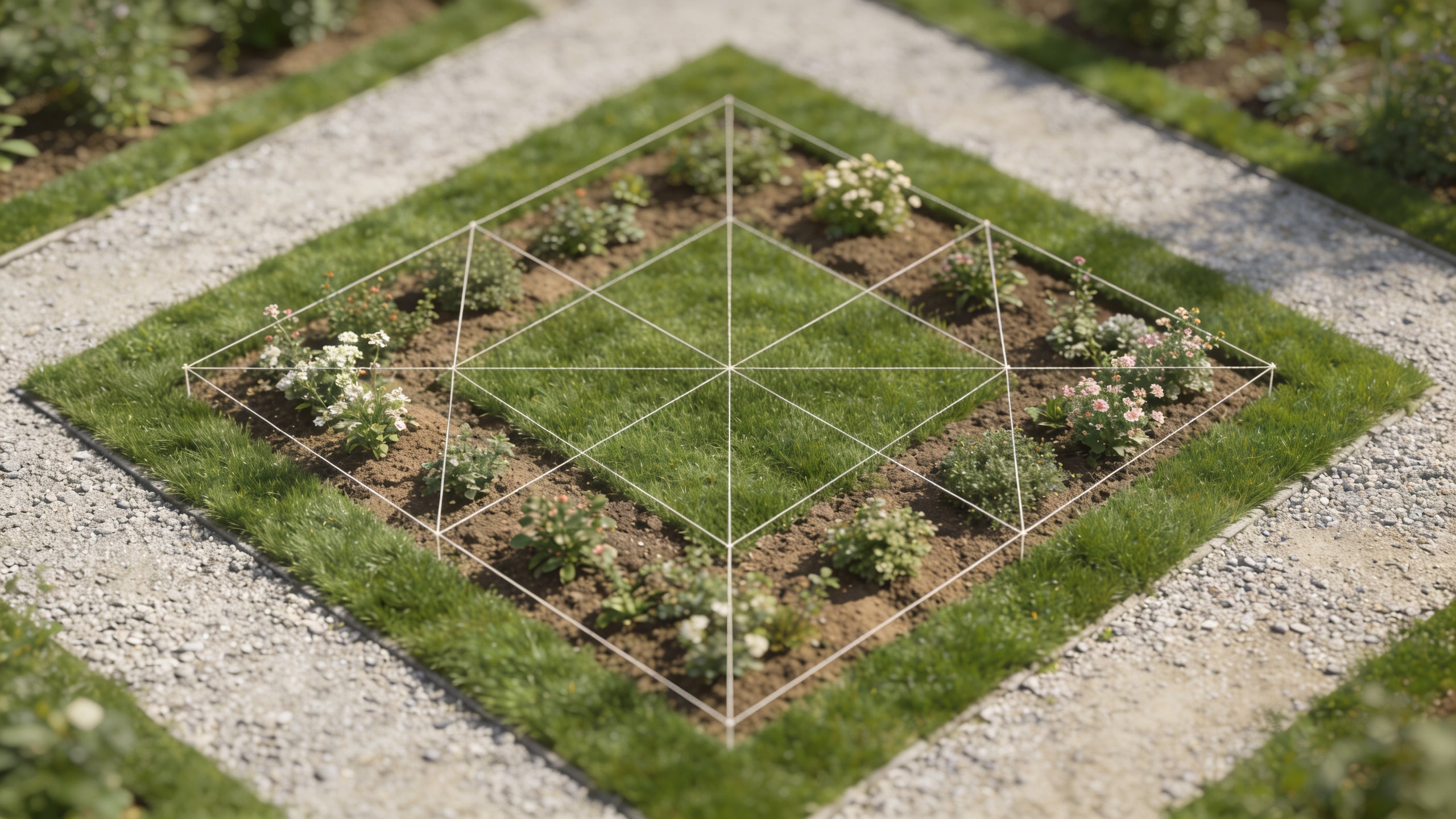 vue plongeante sur jardin carre trace au cordeau