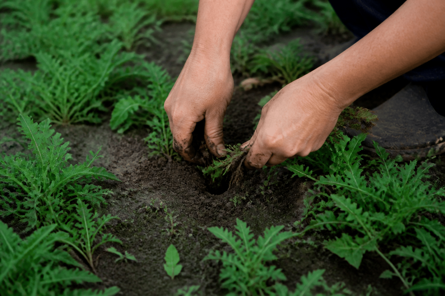 Mains arrachant mauvaises herbes directement dans terre humide