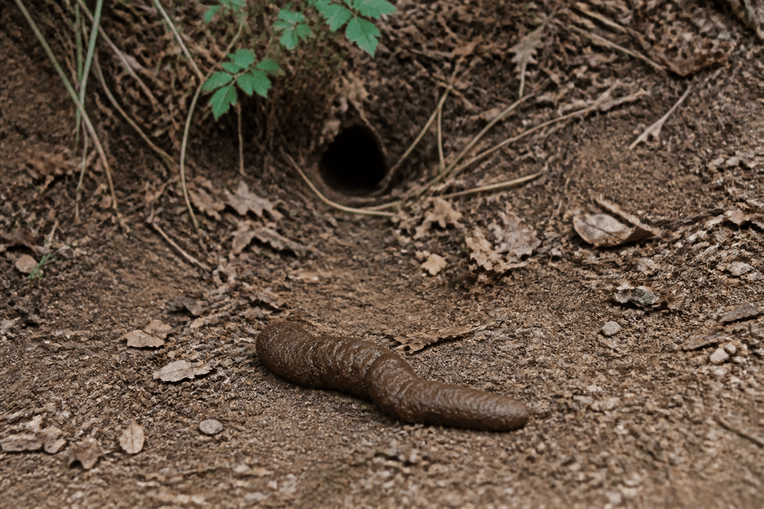 Excrement brun allonge sur sol terreux pres terrier