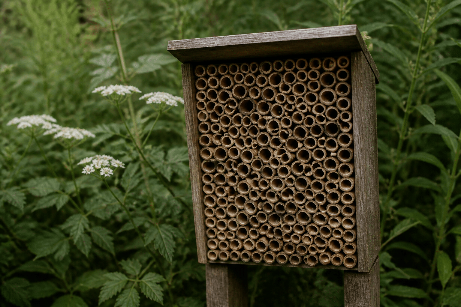 Structure bois avec tubes creux empiles verticalement pour insectes