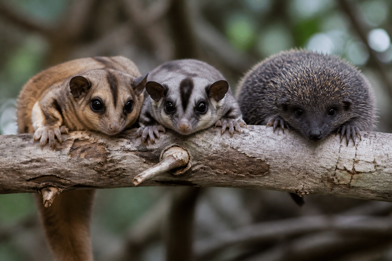 Trois petits mammiferes allonges sur branche comparaison especes