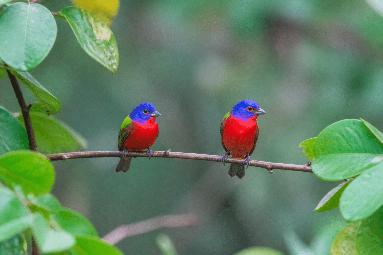 Petits oiseaux colores perches sur branche fine