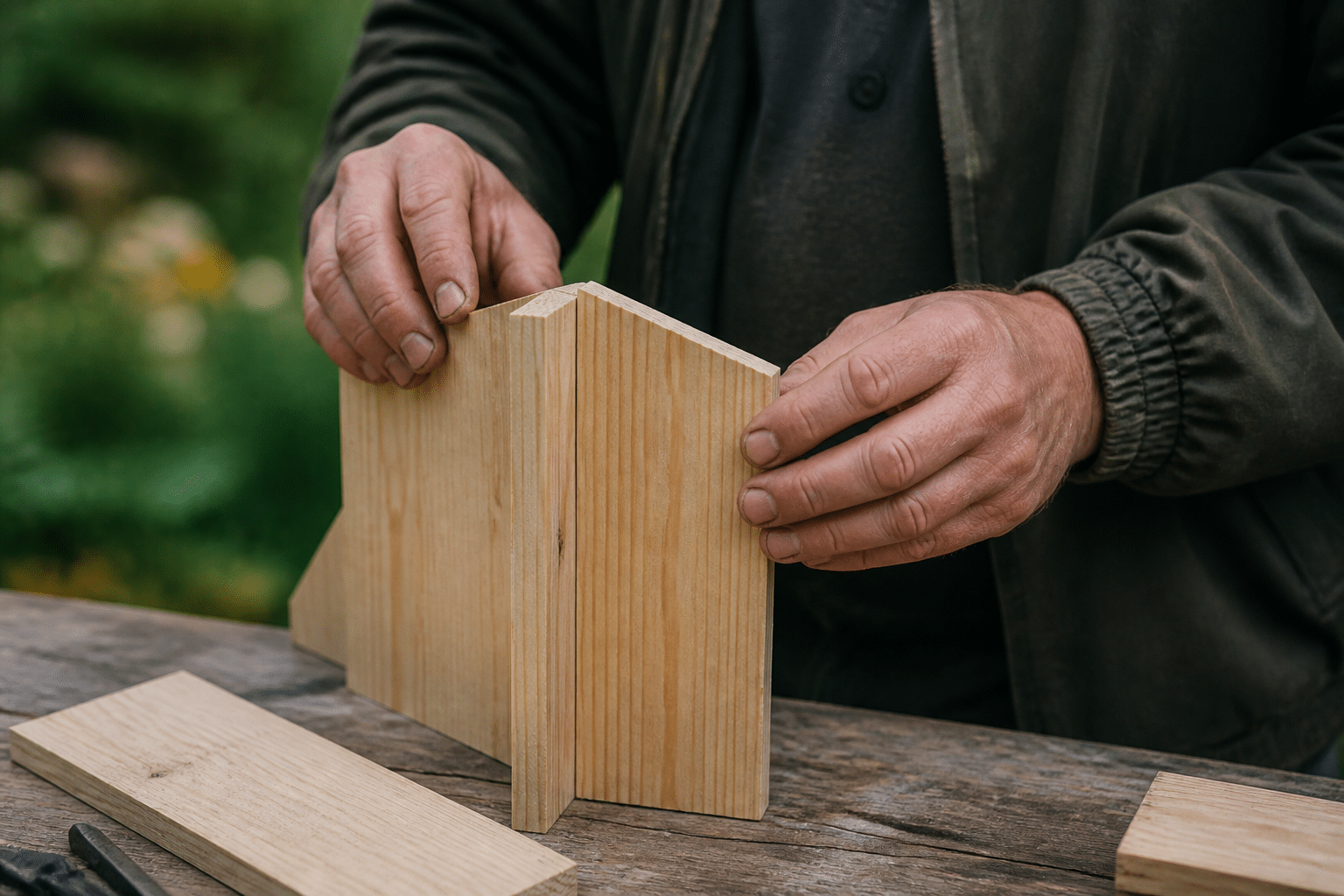 Mains assemblant planches bois verticalement pour abri oiseau