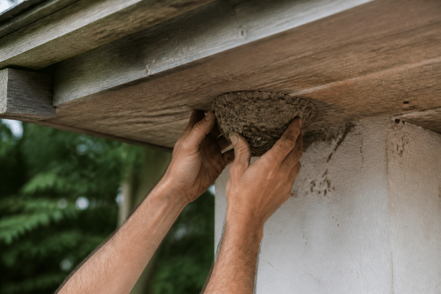 Mains construisant nid hirondelle suspendu sous corniche bois