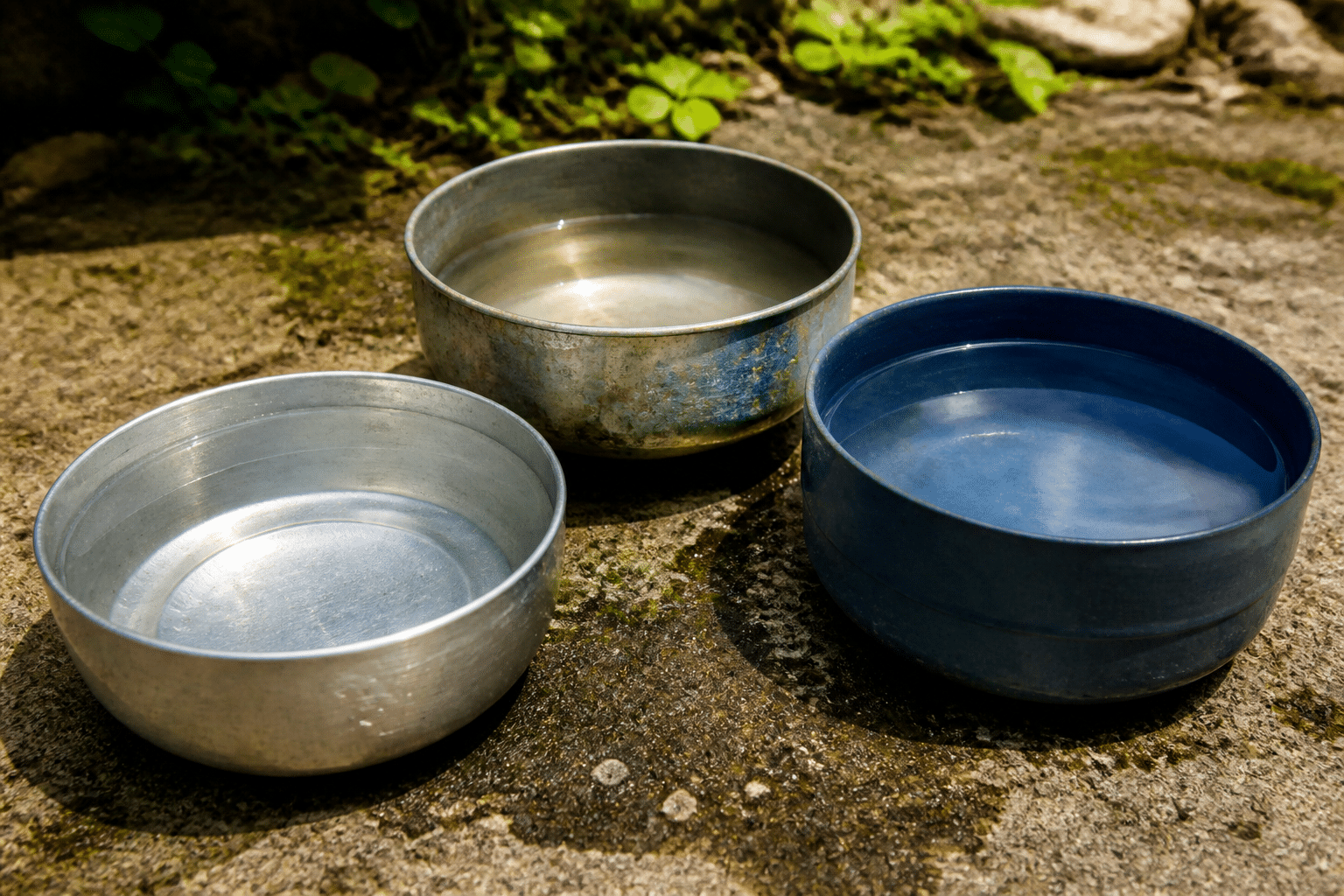 Trois bols recyclés remplis d'eau posés sur surface extérieure