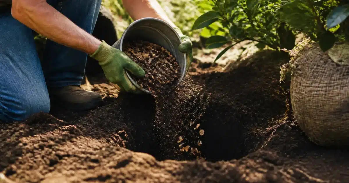 Jardinier versant amendement naturel au fond du trou creusé