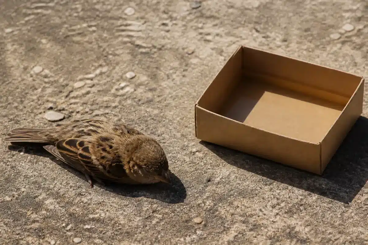 Oiseau immobile au sol sous soleil intense, carton avec eau à proximité