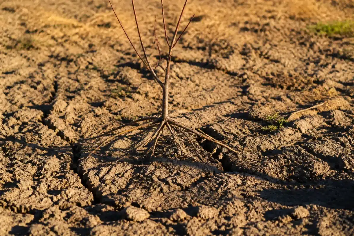 Jeune arbre aux racines superficielles dans sol sec hivernal