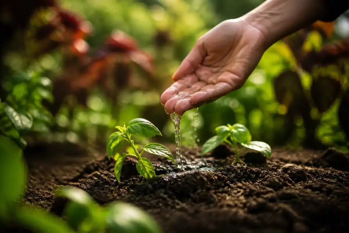 Main versant l'eau delicatement au pied des plants verts