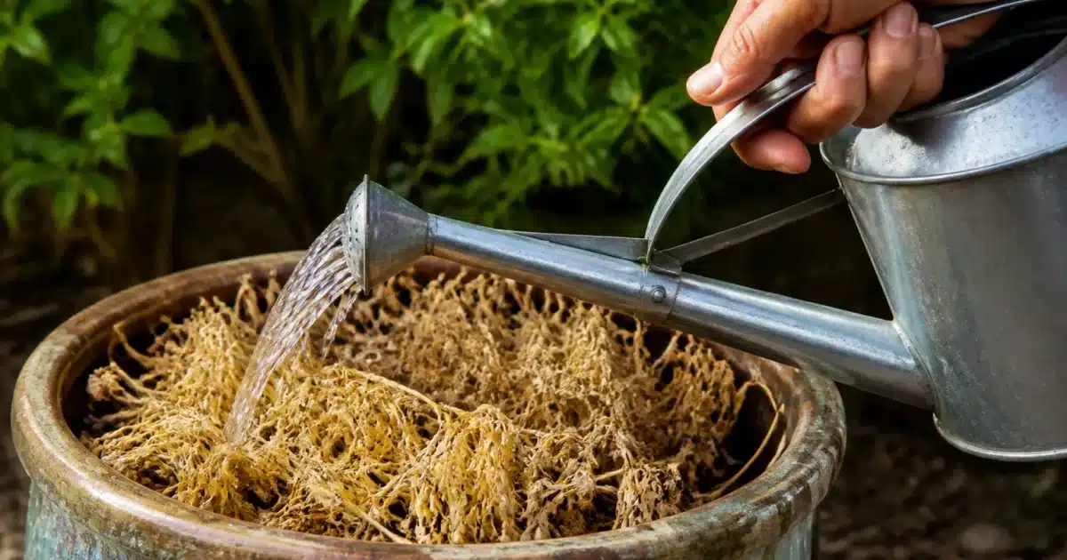 Main versant eau sur plante fanee en pot aout