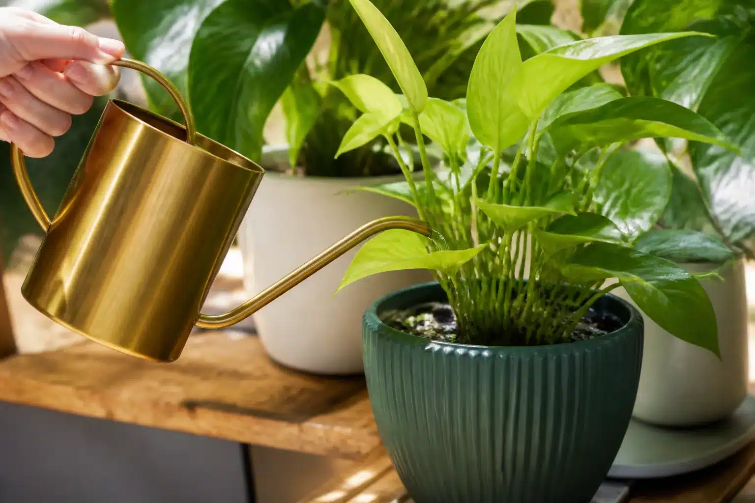 Main versant eau sur plante verte en pot depuis arrosoir