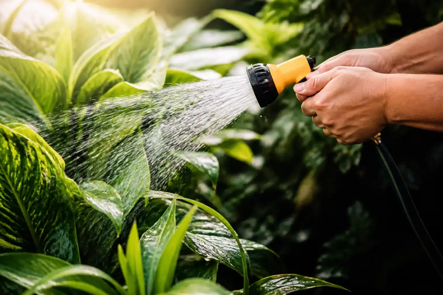Mains tenant un tuyau d'arrosage dirigé vers des plantes vertes