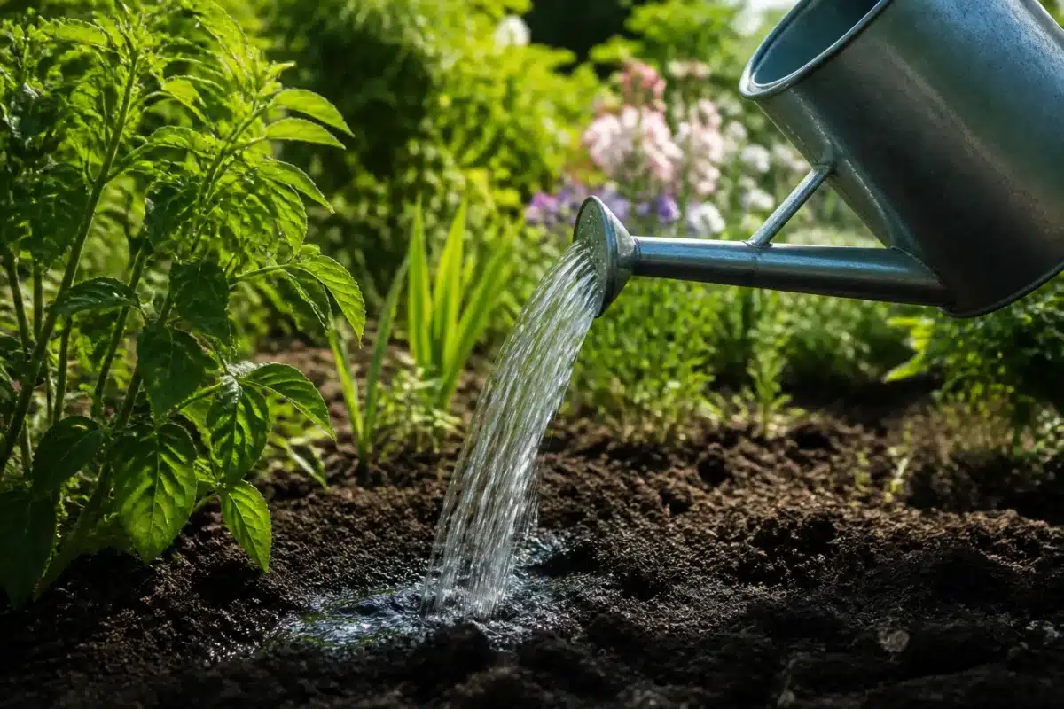 Arrosoir versant eau profonde dans sol de jardin