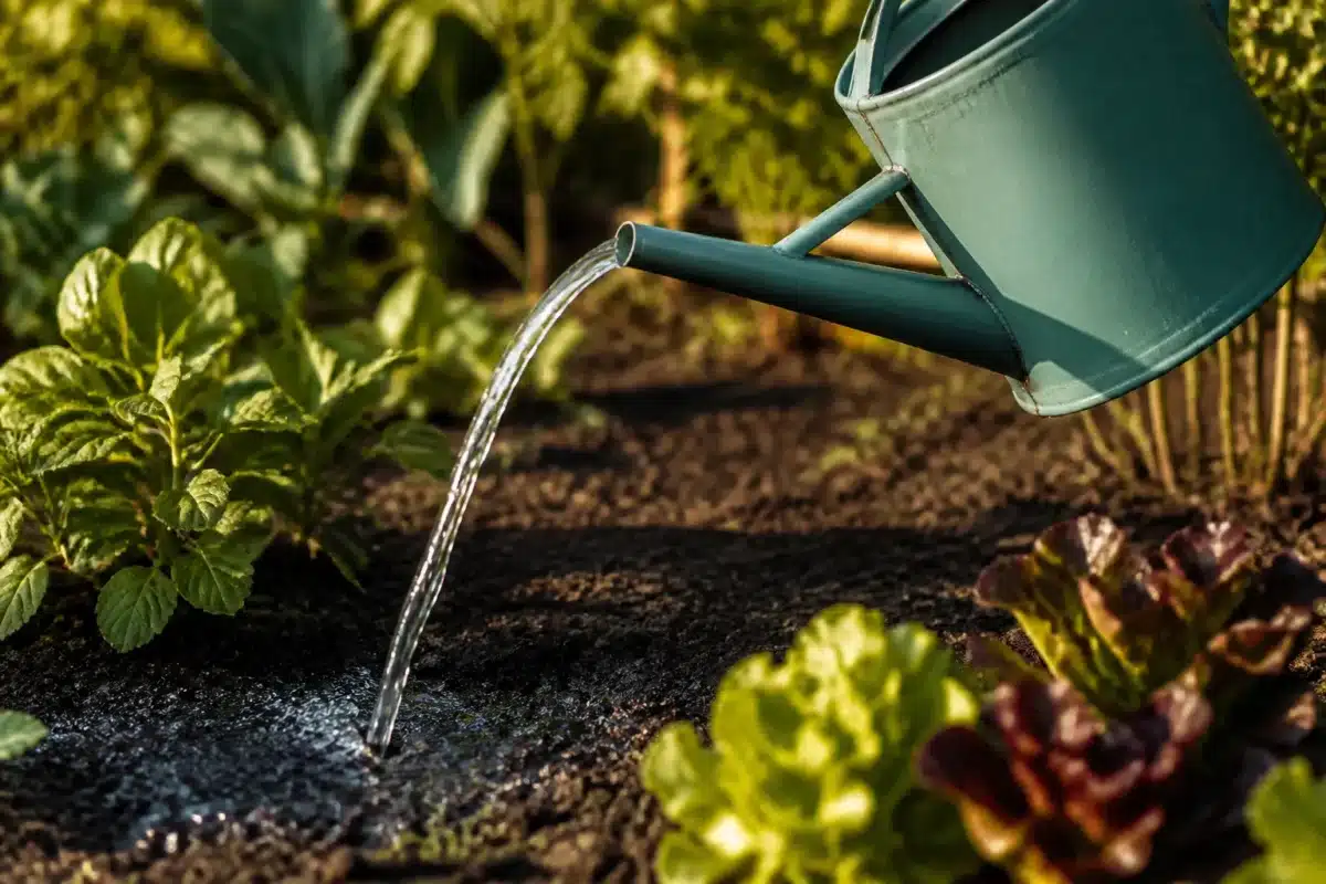 Arrosoir versant eau profonde dans sol de jardin