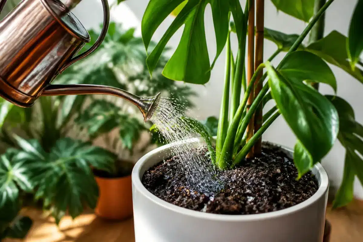 Arrosage copieux du sol autour de plantes vertes