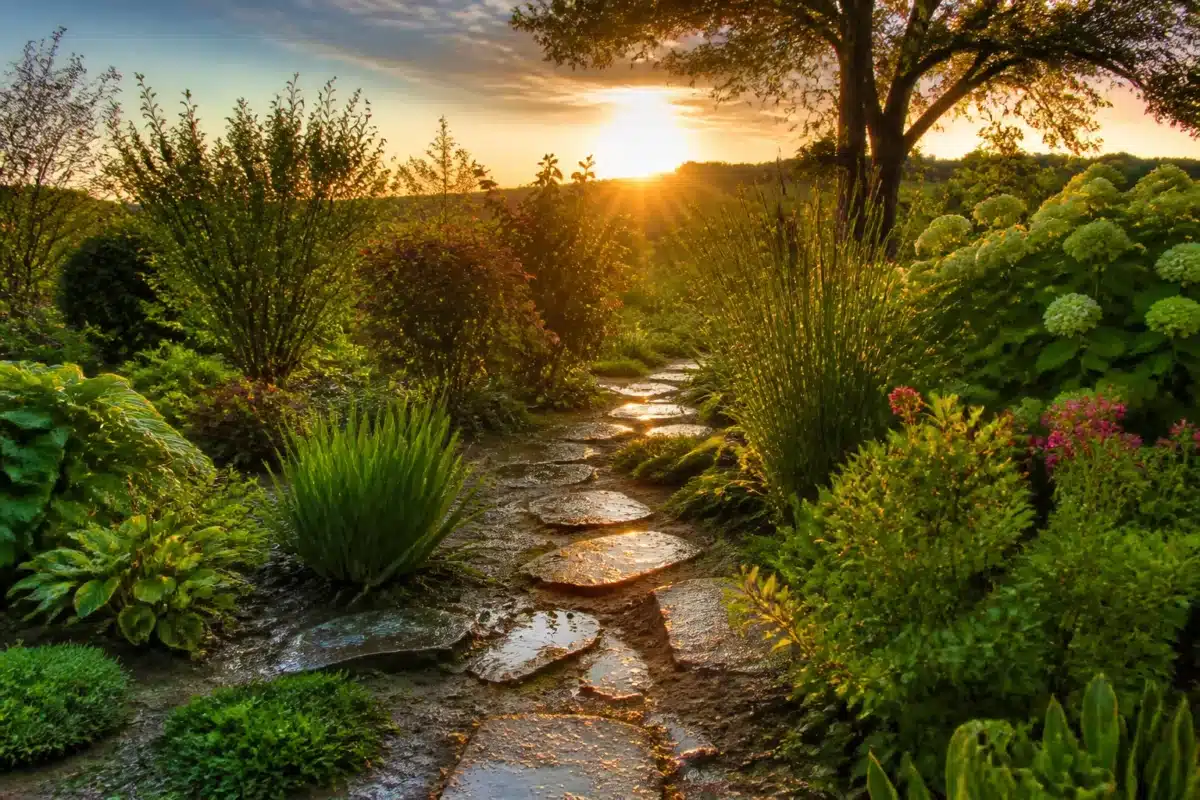 Jardin arrosé au coucher du soleil avec sol humide et plantes vertes