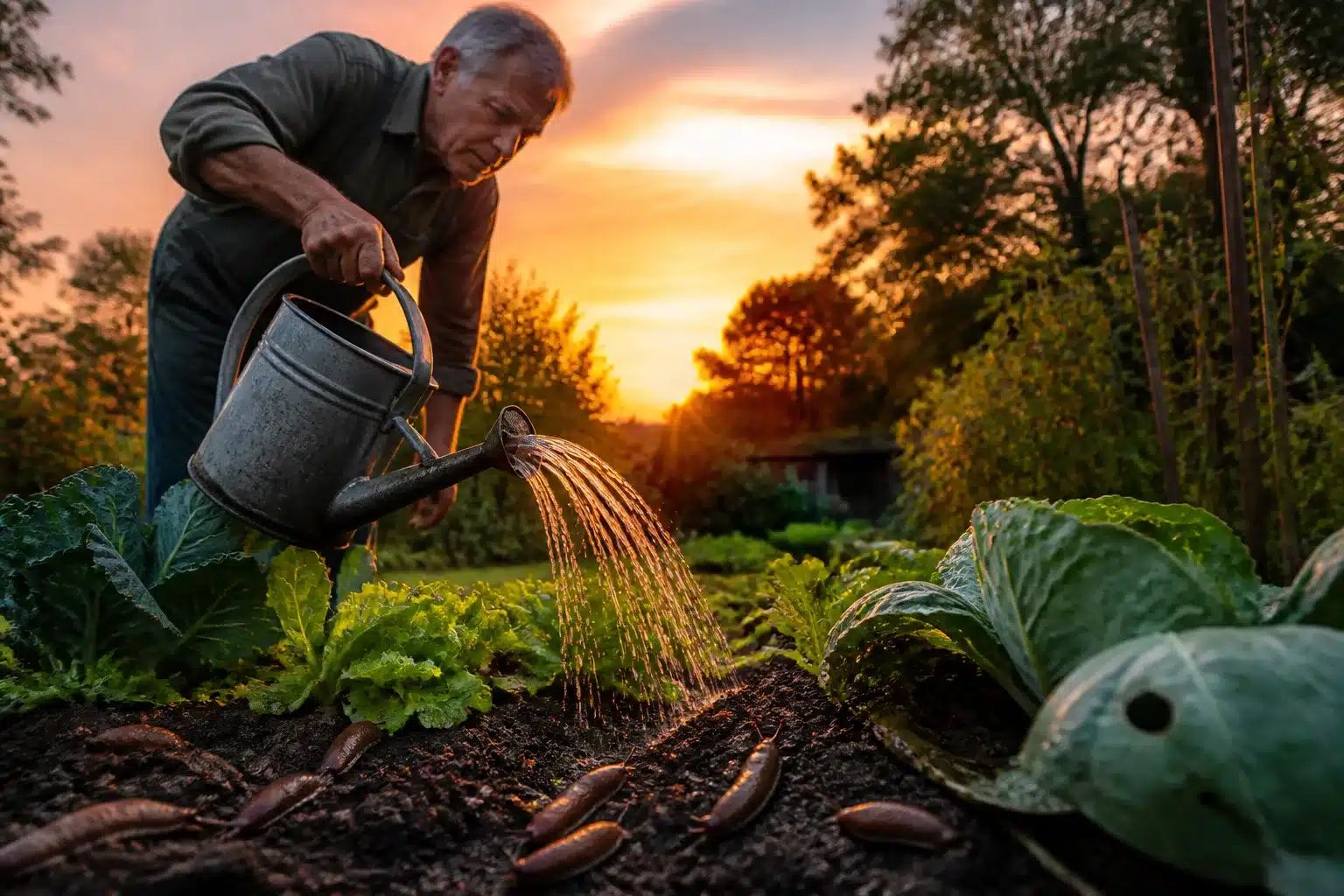 Jardinier versant eau sur plants au crépuscule avec limaces visibles au sol