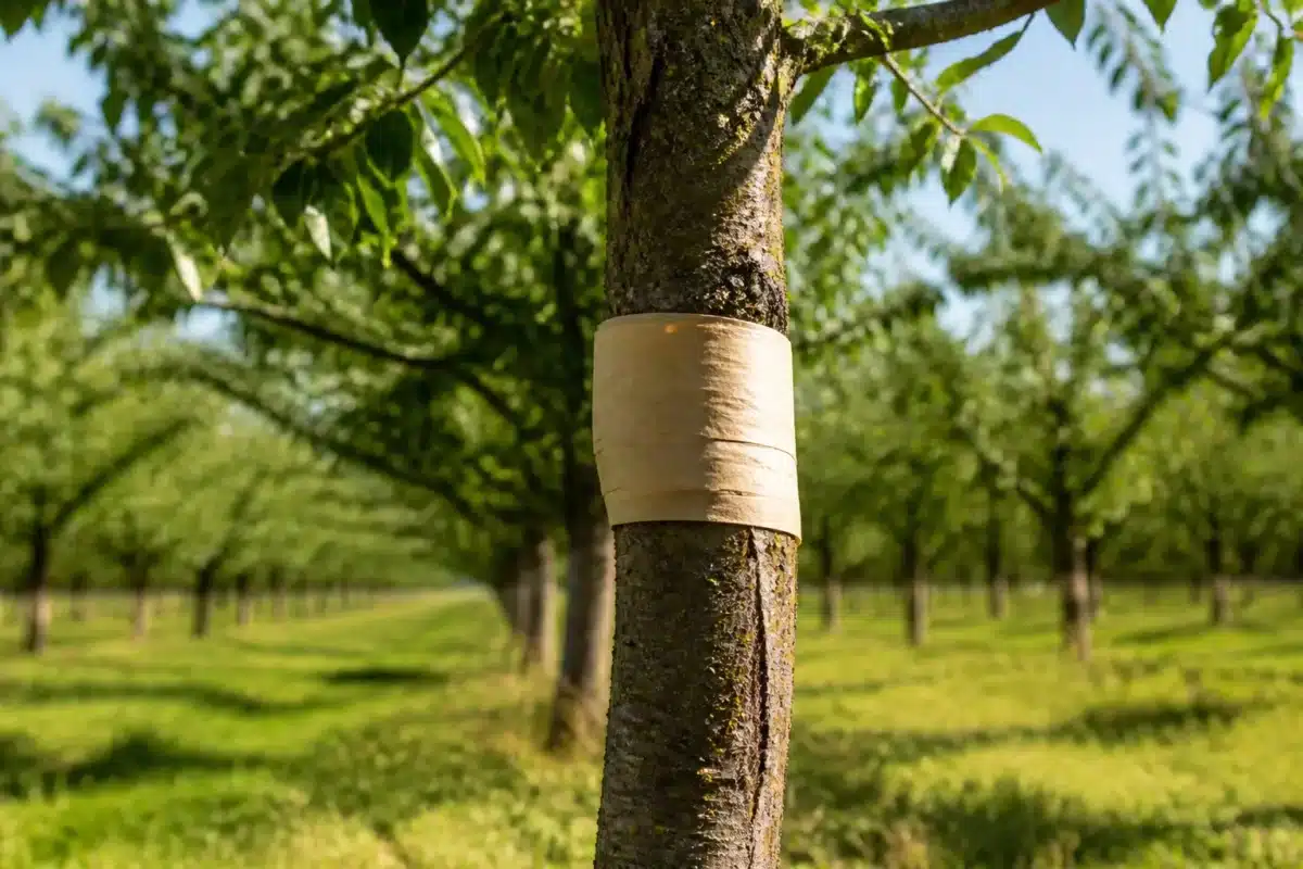 Beige kartonstrip rond fruitboomstam gewikkeld