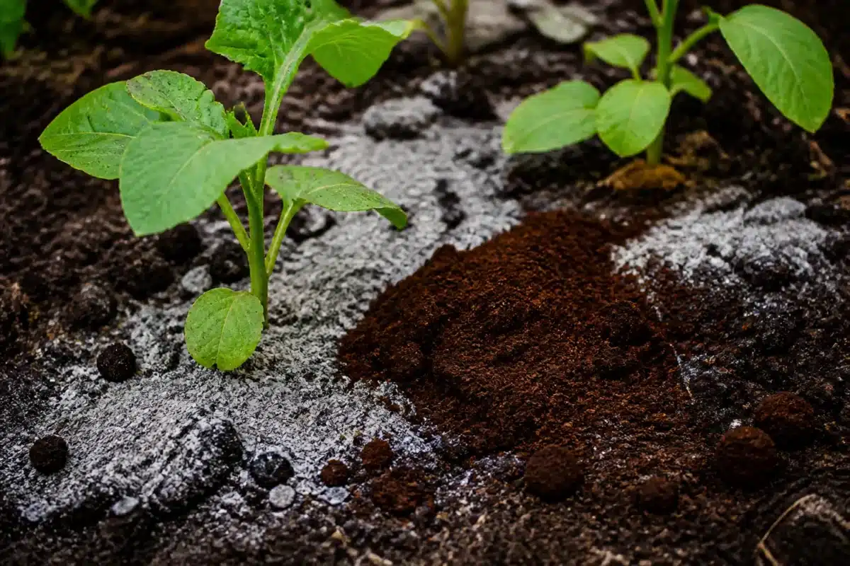 Cendre et marc de cafe autour jeunes plants potager